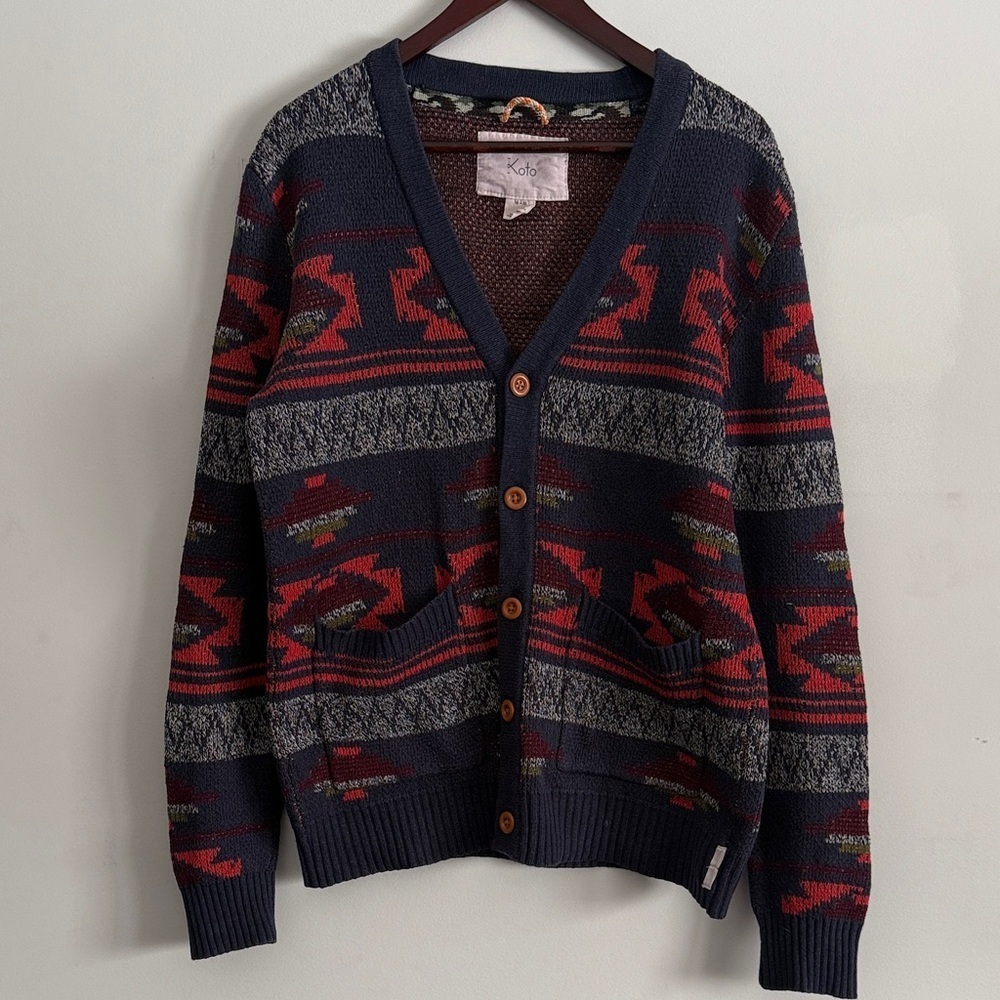 Koto Women’s or Men's Navy and Red Patterned Wool-blend Cardigan